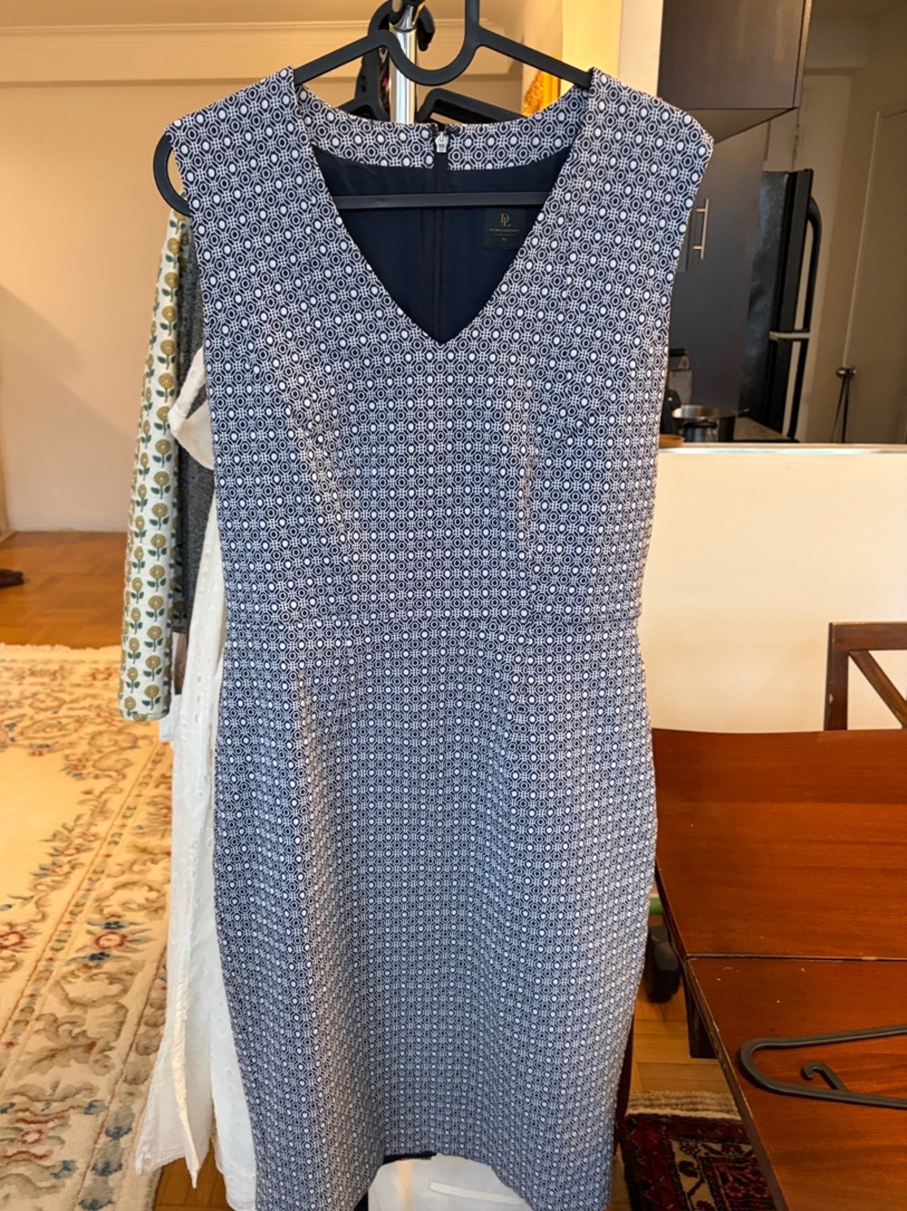 David Lawrence Navy and White Geometric V-Neck Sheath Dress